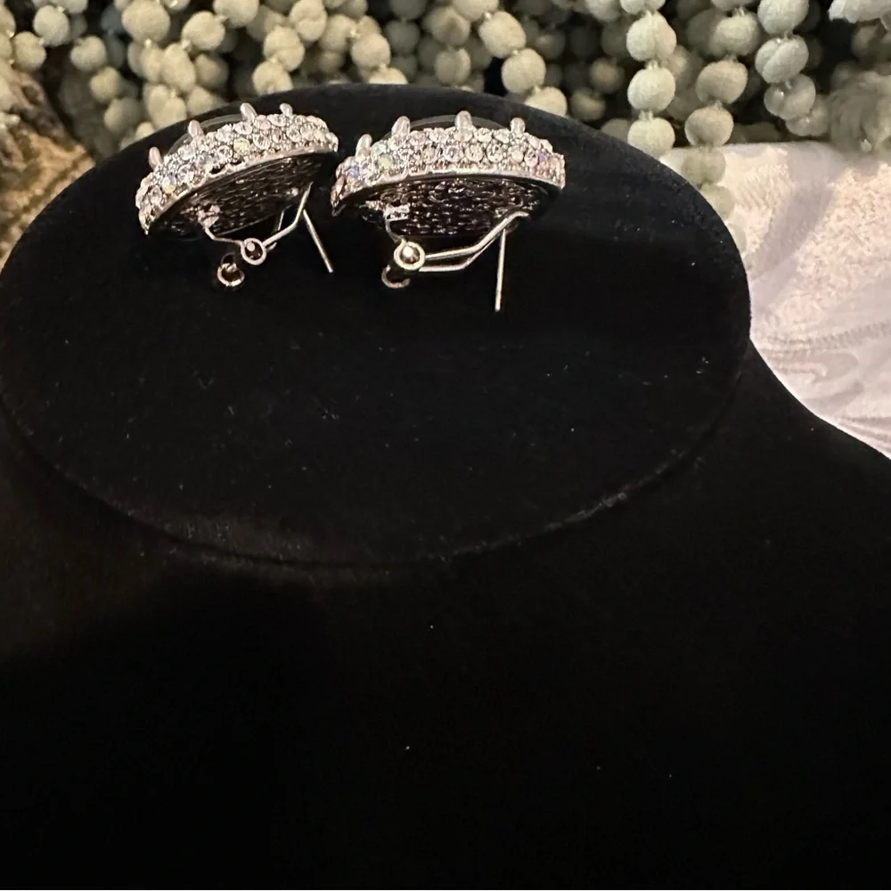 Vintage-Inspired Black and Silver Oval Earrings Rhinestone Lever Back Statement